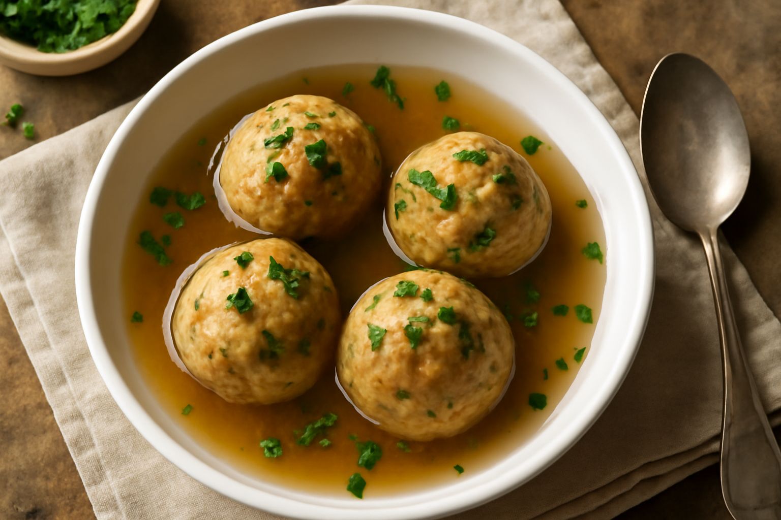 Canederli toscani dorati in una ciotola di ceramica bianca, immersi in brodo trasparente, con prezzemolo fresco tritato sopra e fette di pane tostato ai lati