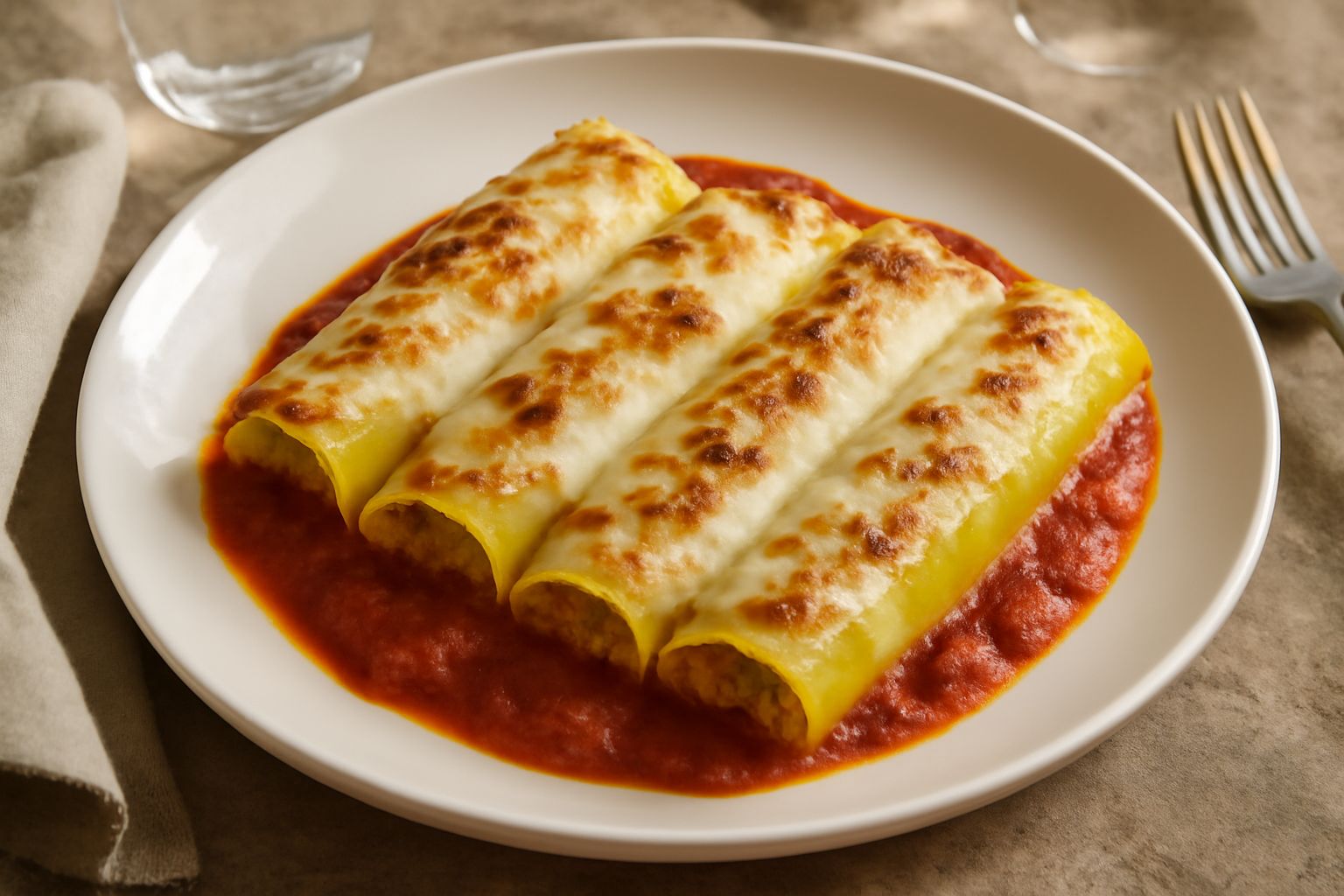 Caneloni disposti in fila in una pirofila di ceramica bianca, ricoperti di salsa di pomodoro rossastra, besciamella cremosa e gratinati in superficie, con fili di formaggio fuso