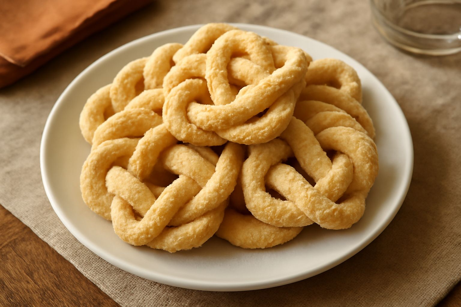 Canestrelli di Buonvicino dorati e friabili impilati in una ciotola di ceramica bianca, con la forma intrecciata ben visibile e una leggera polverina di zucchero semolato sulla superficie