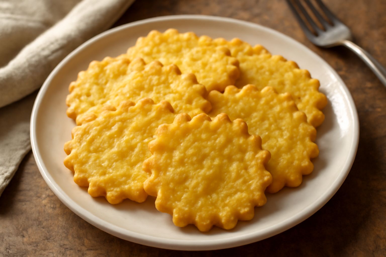 Canestrelli liguri dorati su piatto bianco, forma ondulata con bordi ricci, lati croccanti leggermente lucidi, disposti a ventaglio con scorza di limone fresco a lato