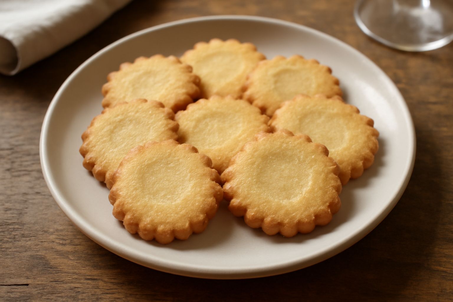 Una decina di canestrelli genovesi beige dorati disposti su un piatto bianco, biscotti rotondi con bordi ondulati sfoggiati, sfondo sfocato di cucina luminosa