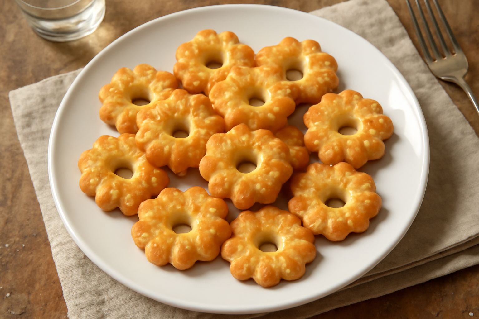Canestrelli salati disposti su piatto bianco, dal colore dorato, con forma ondulata marcata e superficie leggermente brillante, accompagnati da cristalli di sale marino