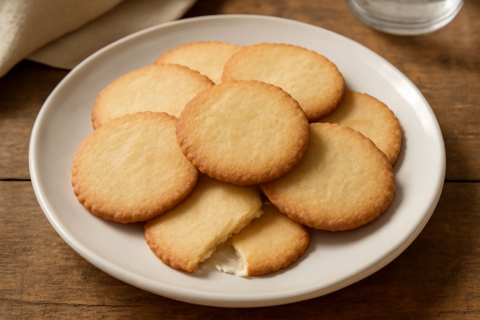 Canestrelli liguri disposti a piramide su un piatto bianco, biscotti rotondi dorati e croccanti con bordi sfrangiati, leggeri e friabili