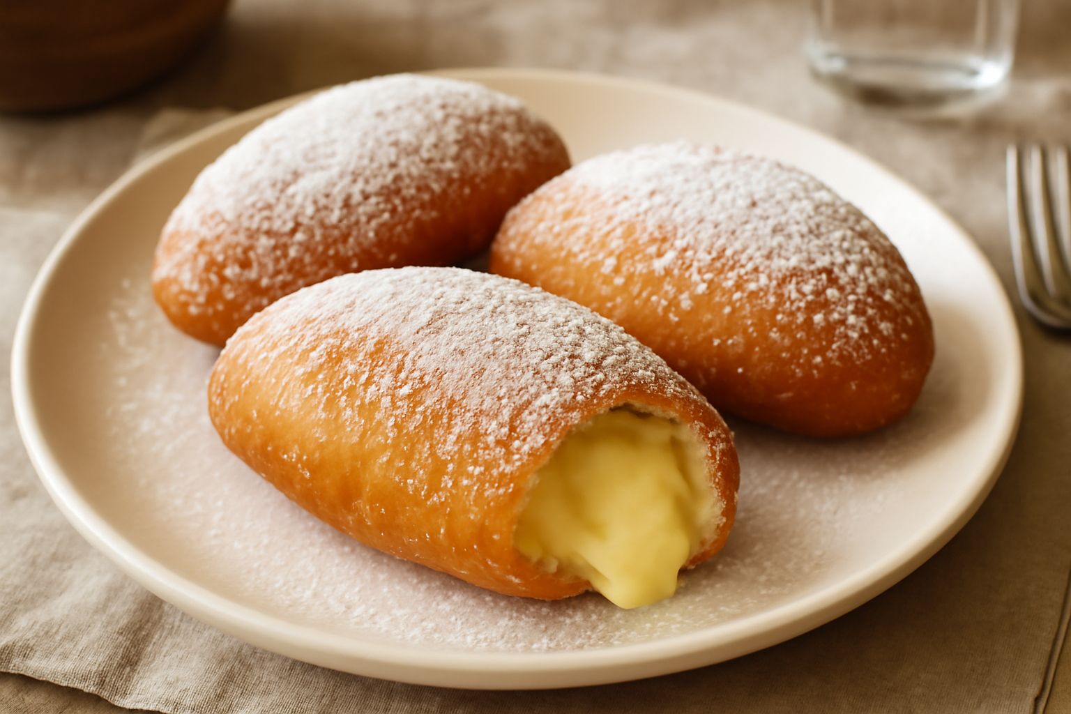 Canestrini dorati e croccanti ricoperti di zucchero a velo, appena fritti, con la crema pasticcera che fuoriesce leggermente dal ripieno, disposti su carta assorbente