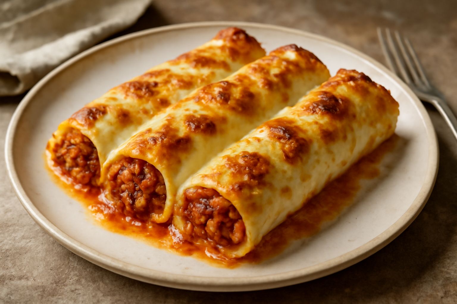 Cannelloni dorati in pirofila da forno, ricoperti di besciamella cremosa e formaggio gratinato, con pomodoro rosso visibile dal ripieno ai lati