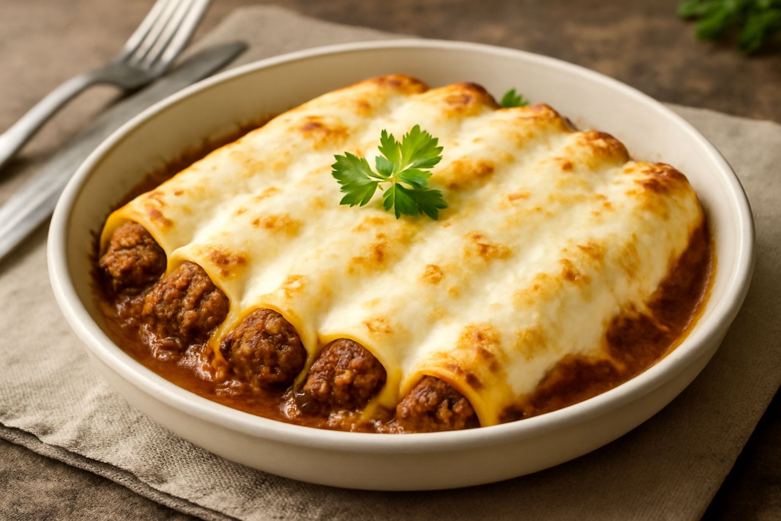 Cannelloni alla bolognese gratinati in pirofila di ceramica bianca, coperti di besciamella dorata e formaggio, con ragù scuro visibile dai bordi, serviti in porzionatura singola