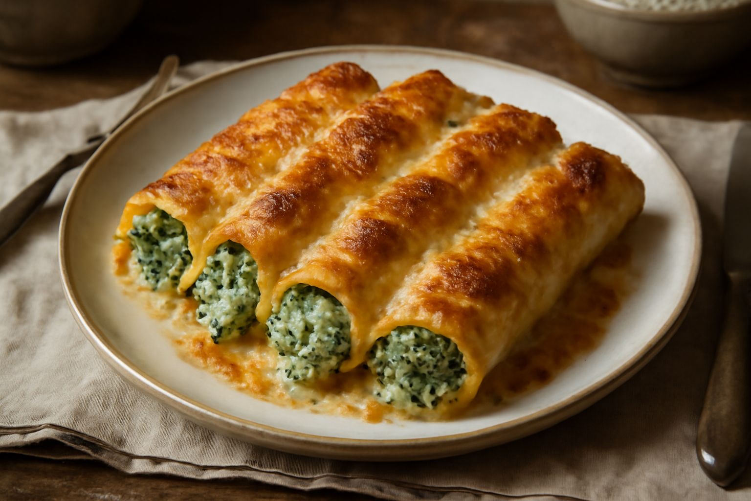 Cannelloni dorati e gratinati in pirofila bianca, ricoperti di besciamella e formaggio grattugiato, con pasta visibile nei bordi, contorno di salsa chiara, posti su un piano di marmo grigio