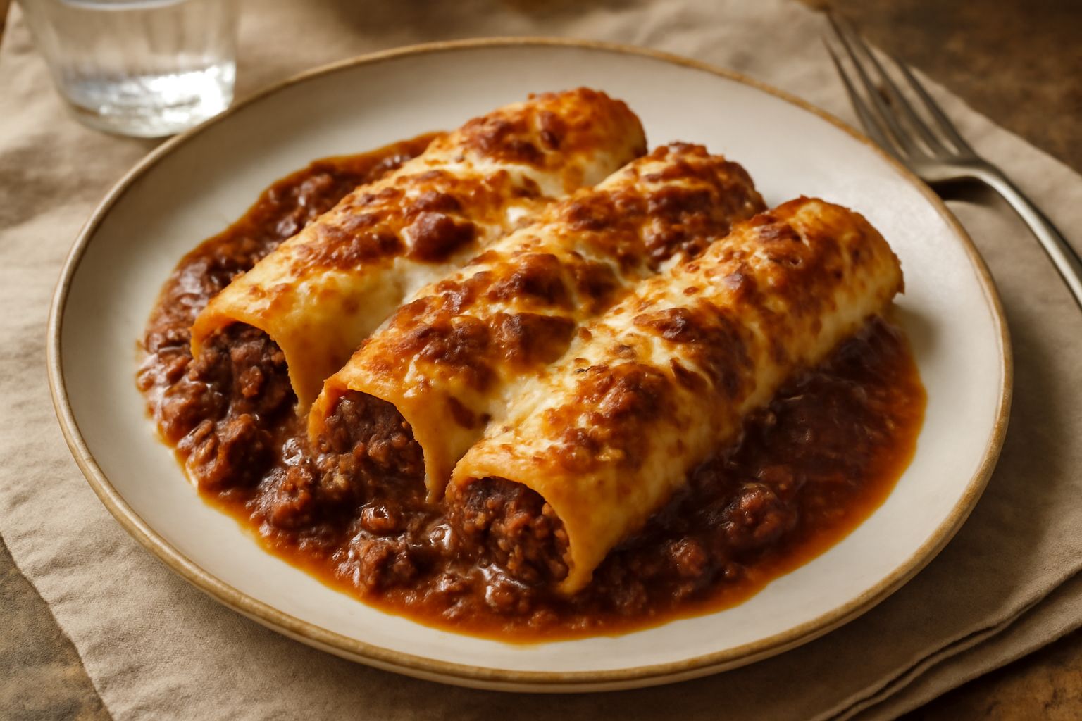 Cannelloni calabresi dorati e gratinati al forno, disposti su un piatto bianco, ricoperti di ragù e besciamella cremosa, con formaggio fuso in superficie