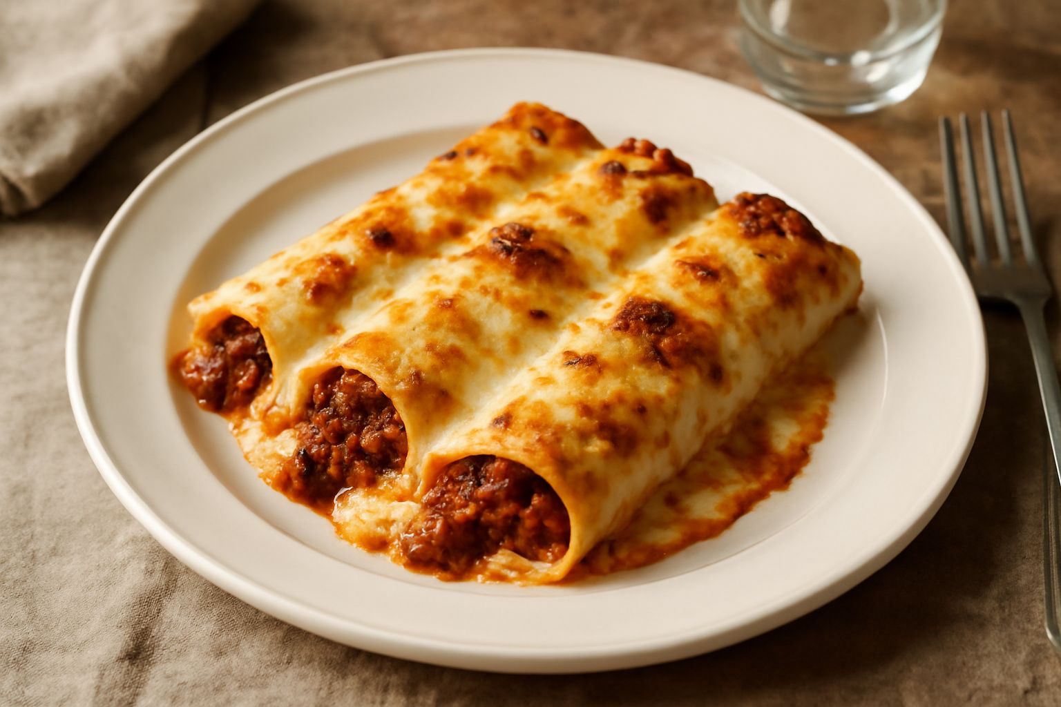 Cannelloni dorati in pirofila di ceramica bianca, coperti di besciamella cremosa e ragù, con formaggio gratinato sulla superficie, accompagnati da prezzemolo fresco