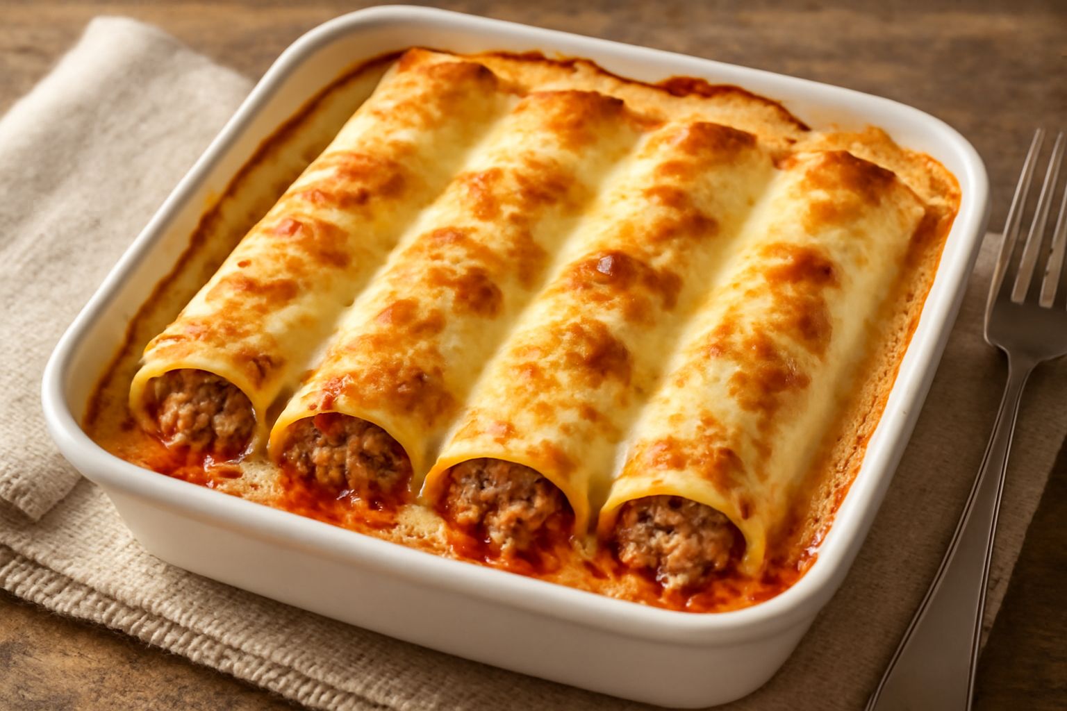 Cannelloni pieni di ragù di carne su un piatto bianco, ricoperti di besciamella cremosa e gratinati in superficie dorata, guarniti di prezzemolo fresco e una grattata di parmigiano