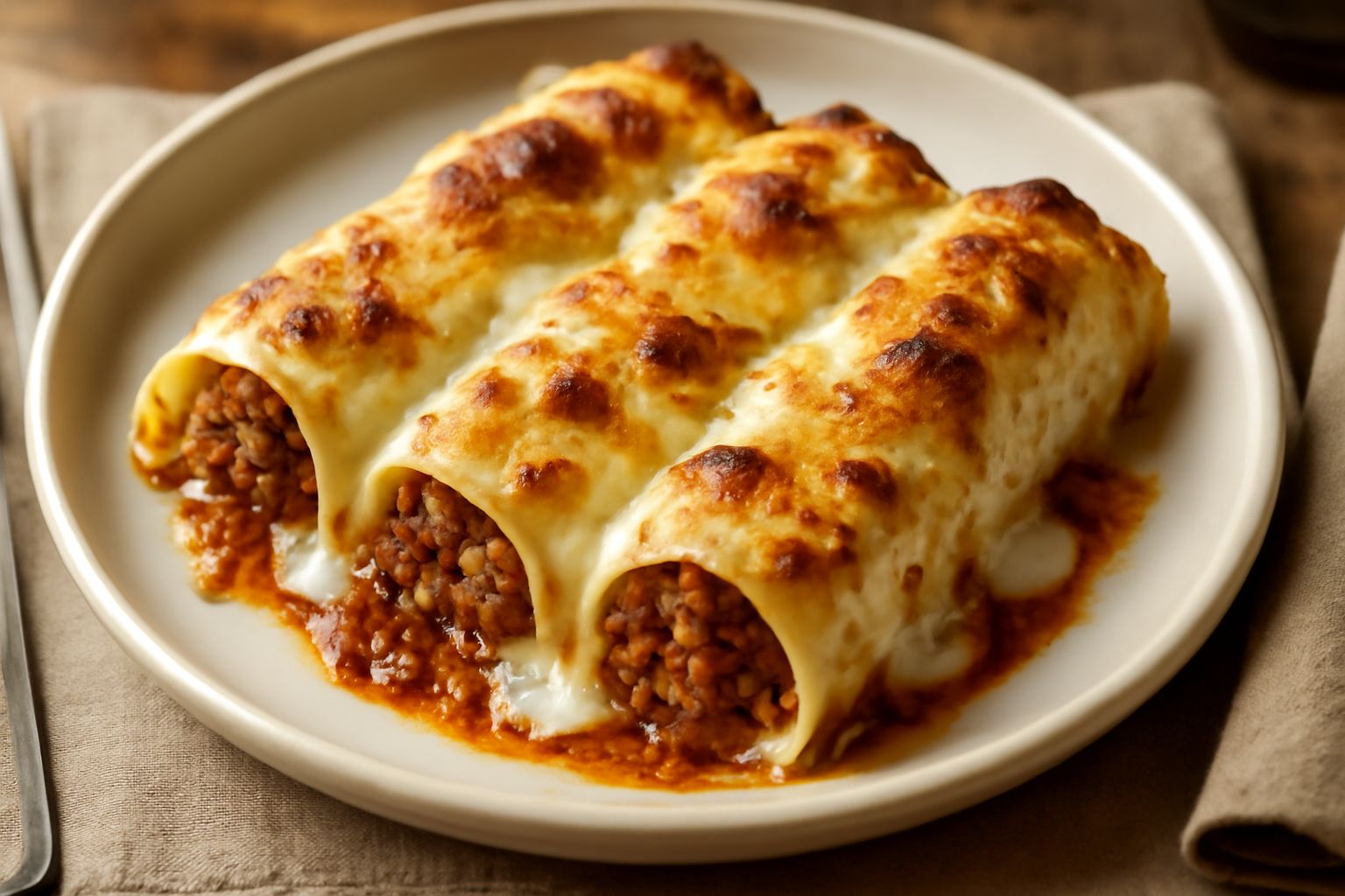 Cannelloni dorati in teglia, ricoperti di besciamella cremosa e gratinati al forno, con ragù marrone visibile dal bordo, decorati con parmigiano grattato e prezzemolo fresco