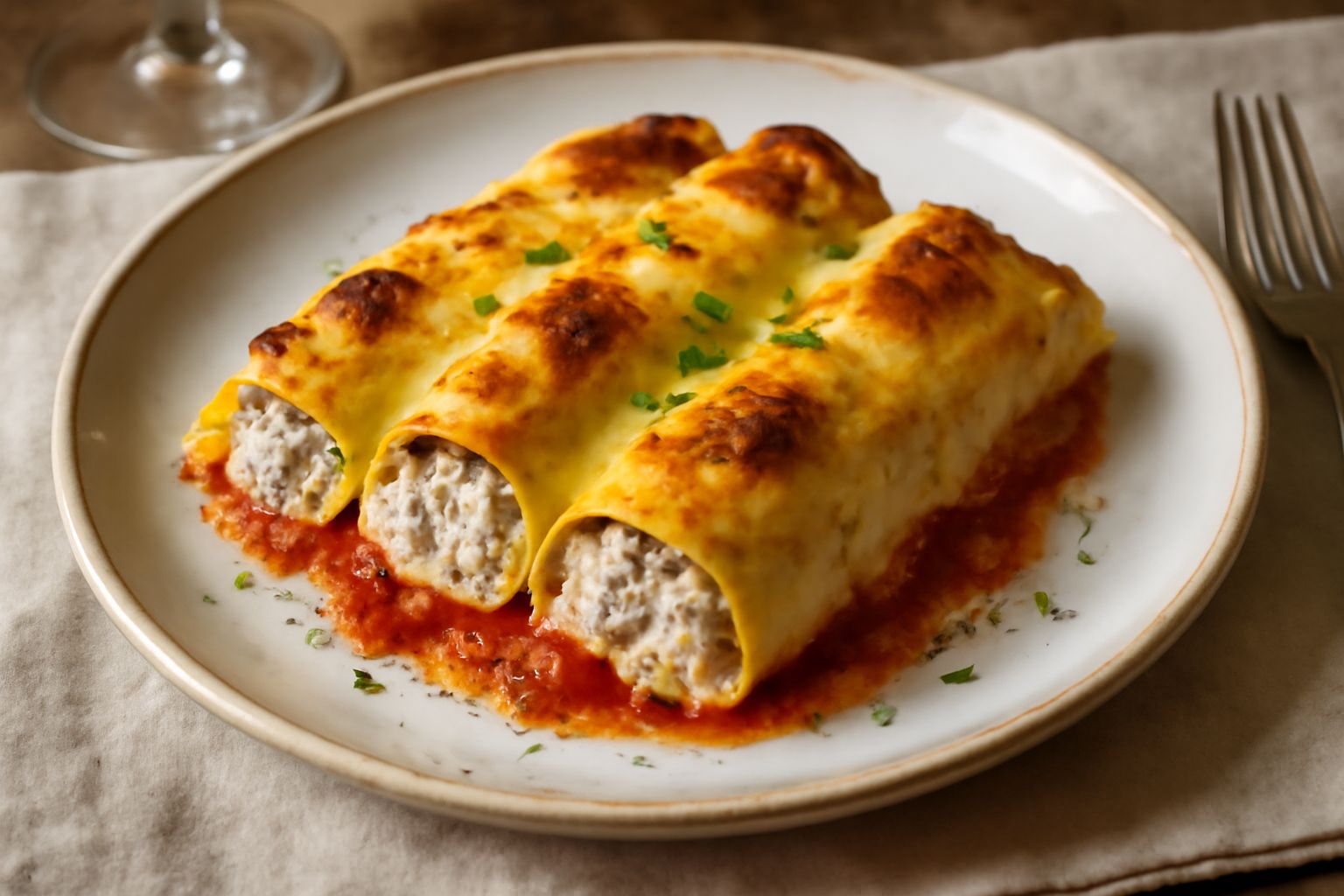 Tre cannelloni di pesce dorati gratinati in piatto bianco, ricoperti di salsa cremosa con punta di prezzemolo fresco, contorno di pomodorini rossi e rucola verde