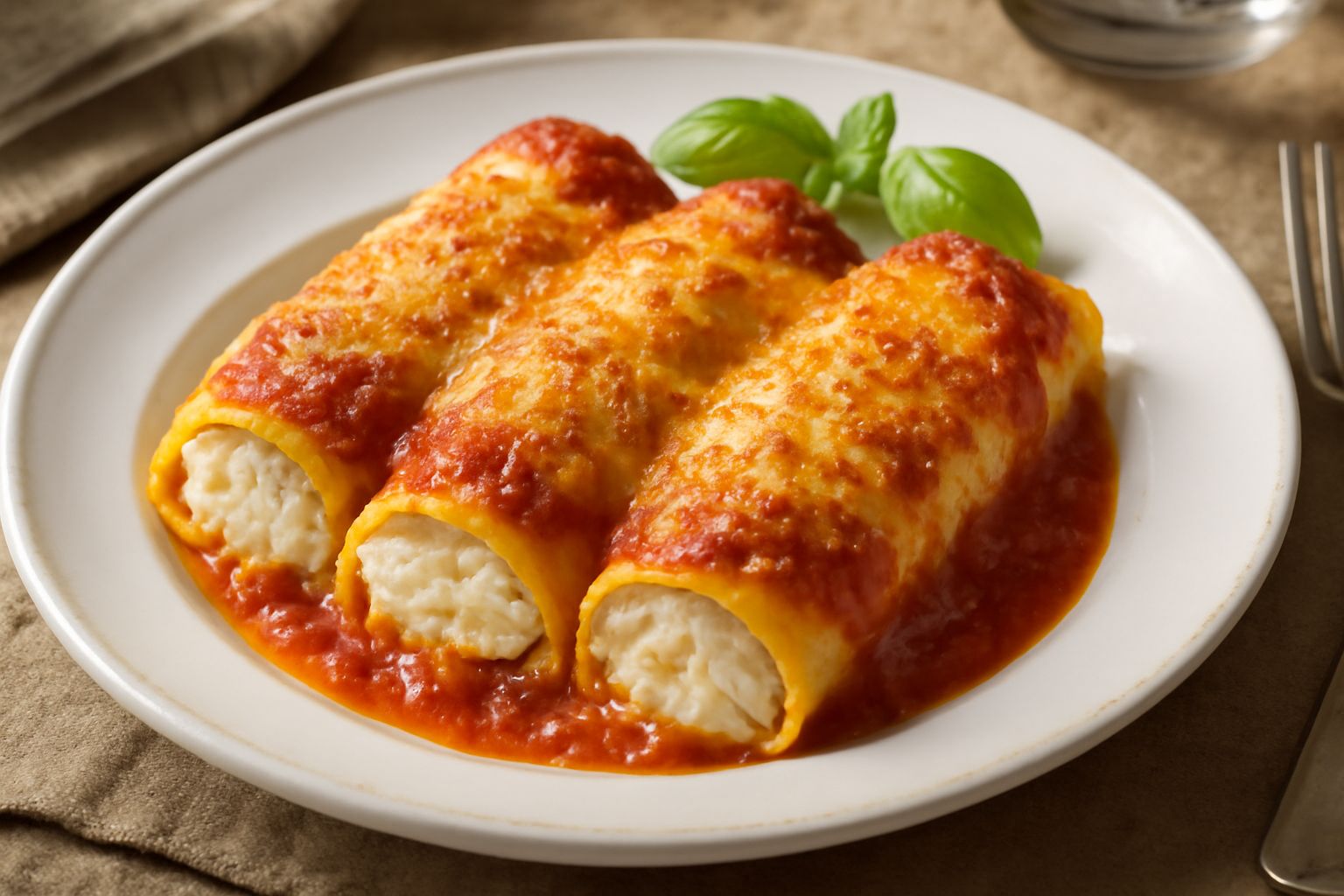 Cannelloni di ricotta dorati al forno in pirofila, ricoperti di salsa di pomodoro rosso vivo e formaggio gratinato giallo, disposti in fila con salsa che traccia il contorno