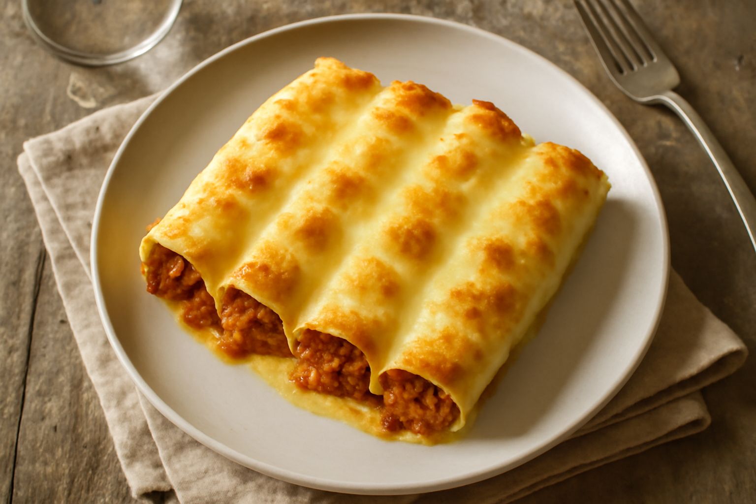 Cannelloni dorati in una pirofila, ricoperti di besciamella cremosa e formaggio gratinato, sfumature di marrone e bianco, contorno di sugo di ragù visibile ai bordi