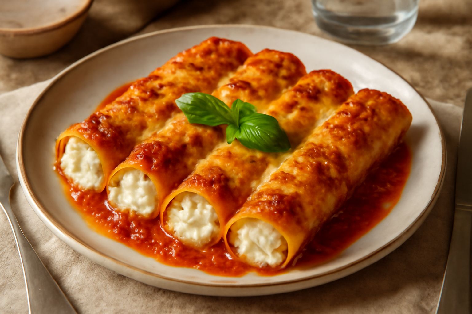 Cannelloni dorati in una teglia di ceramica bianca, coperti di salsa rosa e formaggio gratinato, con basilico fresco su un lato del piatto
