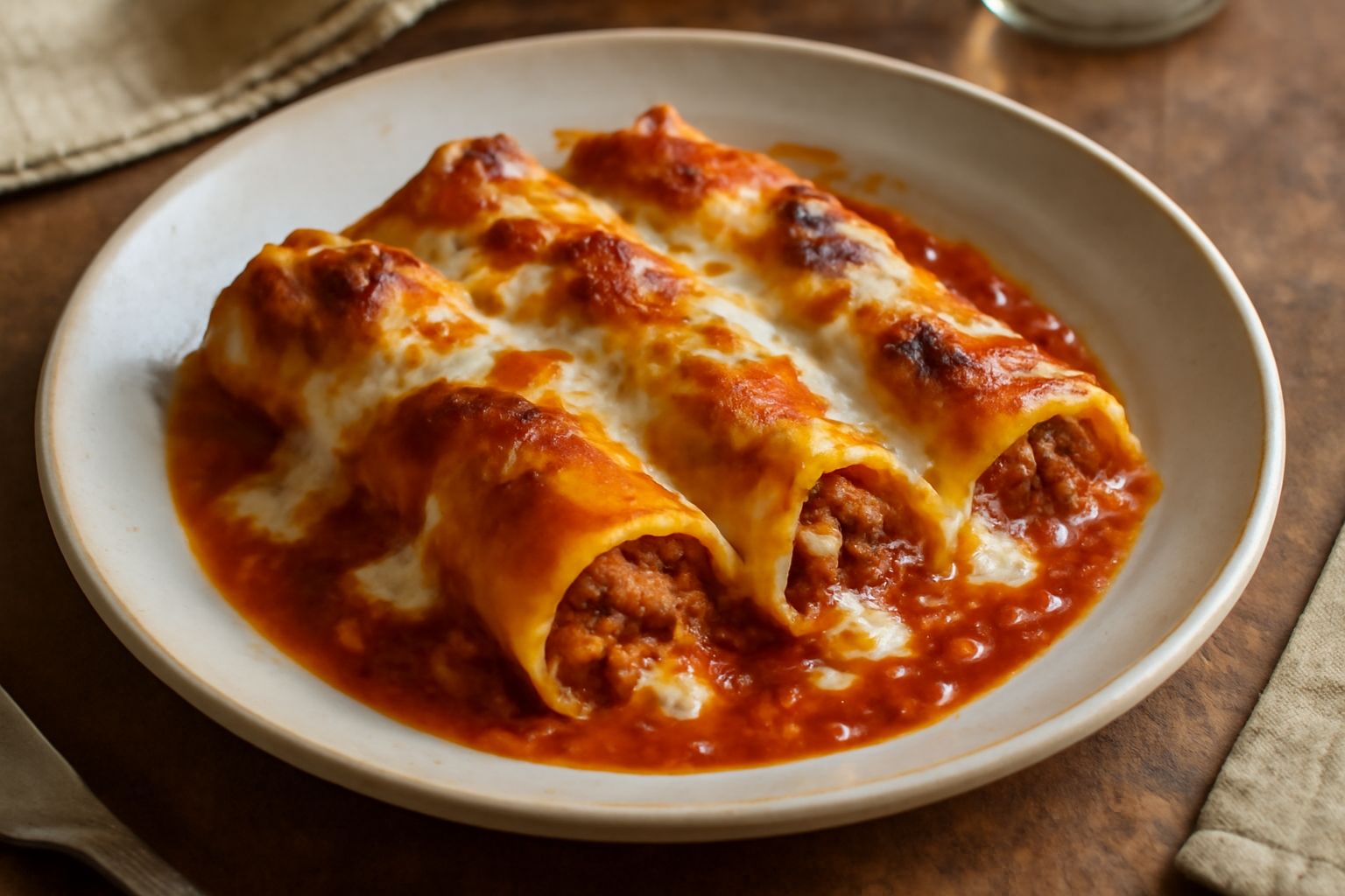 Canneroni dorati e cremosi in una pirofila bianca, ricoperti di sugo rosso e besciamella bianca, guarniti con prezzemolo fresco verde