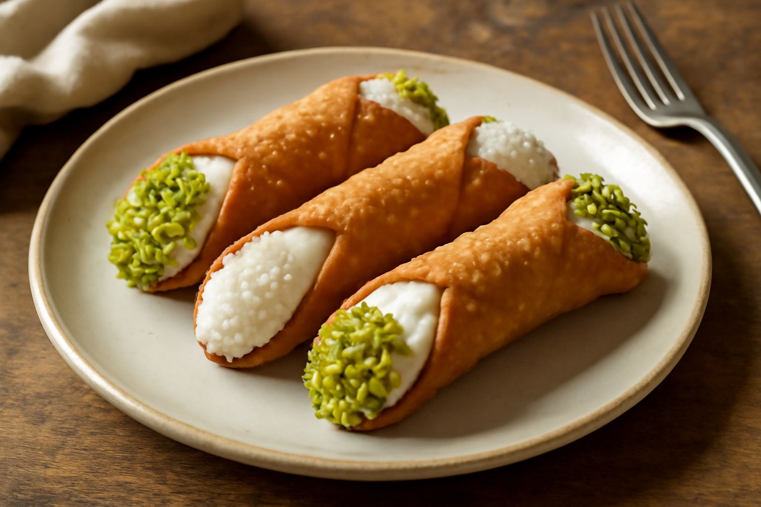 Cannoli siciliani su piatto bianco: gusci dorati e croccanti, estremità ricoperte di pistacchio tritato, crema di ricotta visibile all'interno, decorati con gocce di cioccolato scuro e canditi di aran