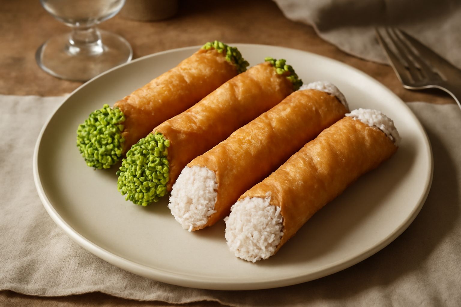 Tre cannoli calabresi disposti su un piatto bianco, ricoperti di granella di pistacchio verde su una estremità, con il ripieno di ricotta visibile dalla parte aperta, su fondo di marmo grigio con cann