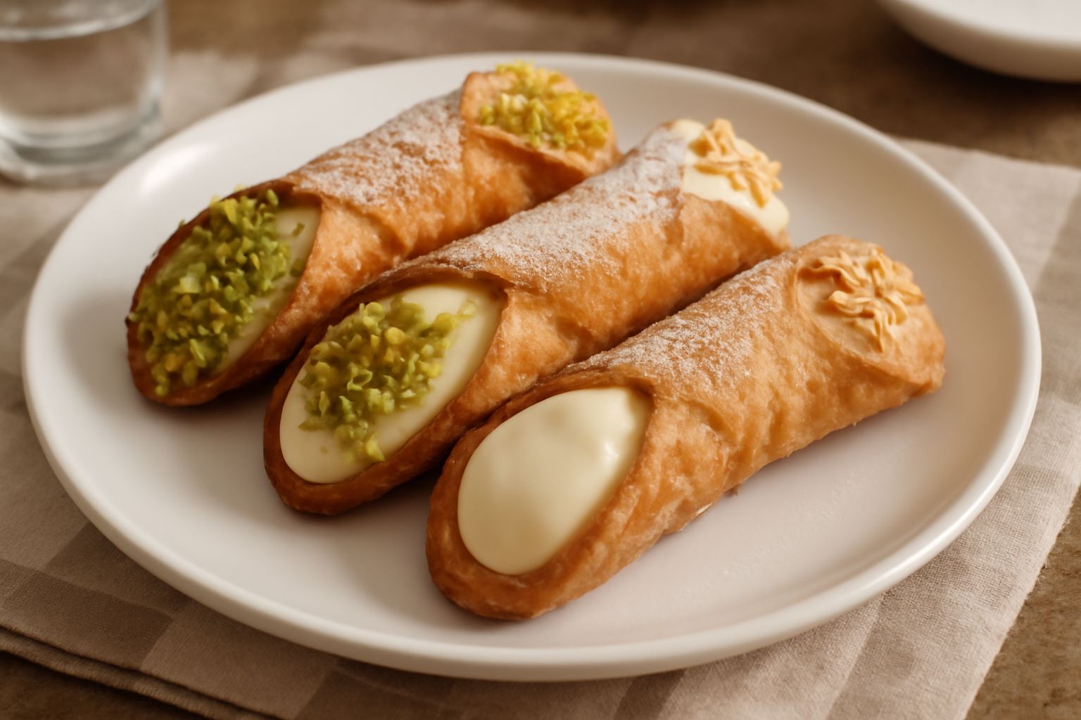 Tre cannoli di pasta fritta dorata, disposti su un piatto bianco, ricoperti di granella di pistacchio e glassa bianca, con visibile la crema all'interno dal taglio trasversale