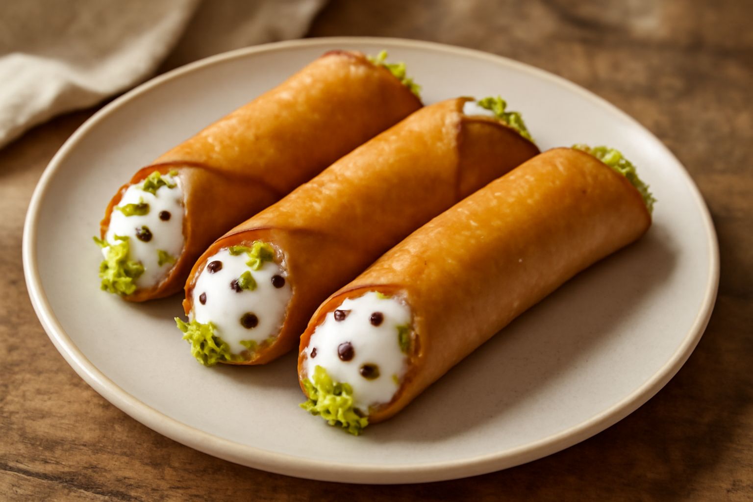 Tre cannoli ragusani disposti in fila su un piatto bianco, con guscio dorato e croccante, ricoperti di granella di pistacchio verde alle estremità e visibile il ripieno bianco di ricotta al centro