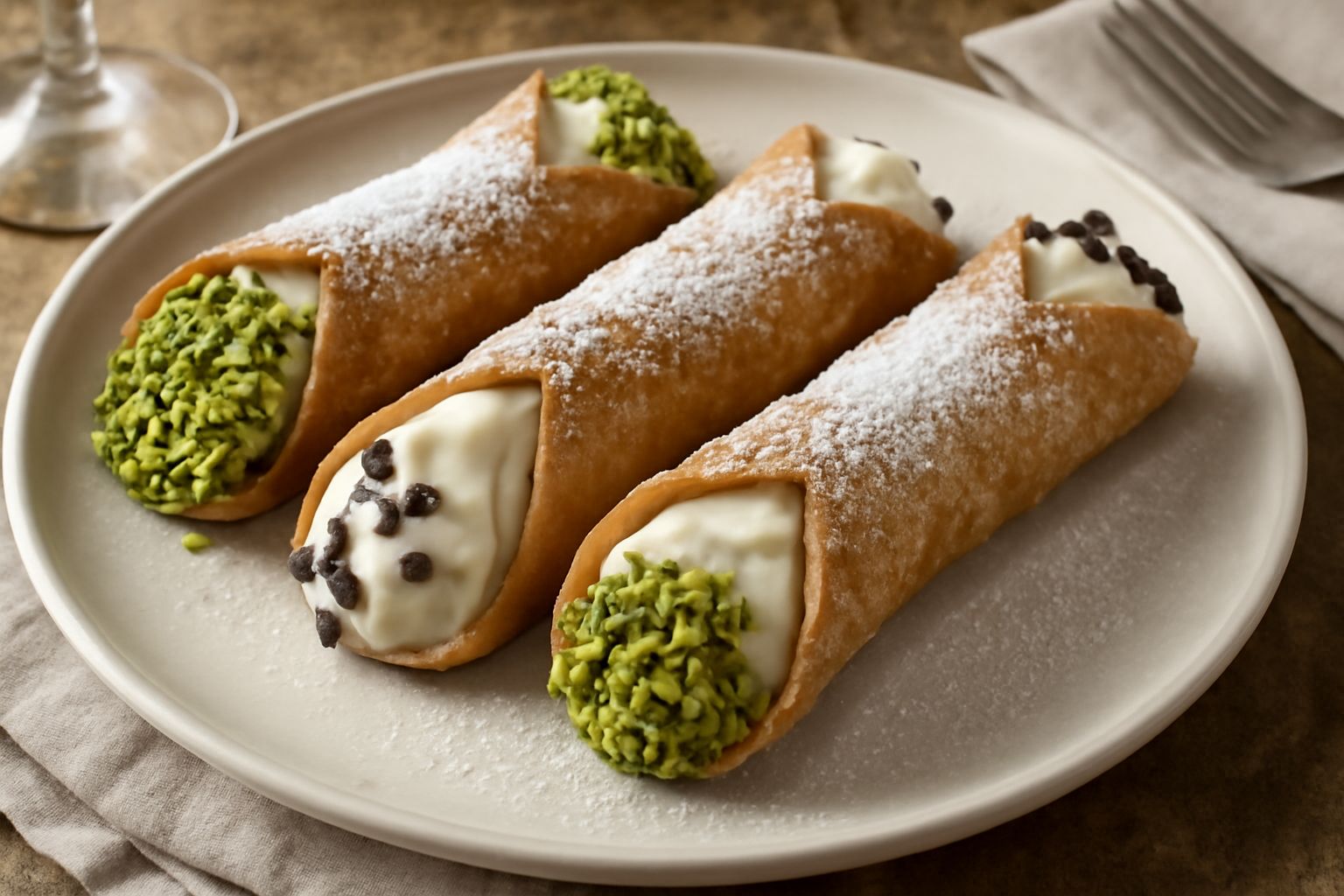 Tre cannoli ripieni di ricotta disposti su un piatto bianco, guscio dorato e croccante spolverato di pistacchio tritato, ripieno di ricotta visibile alle estremità, sfondo neutro
