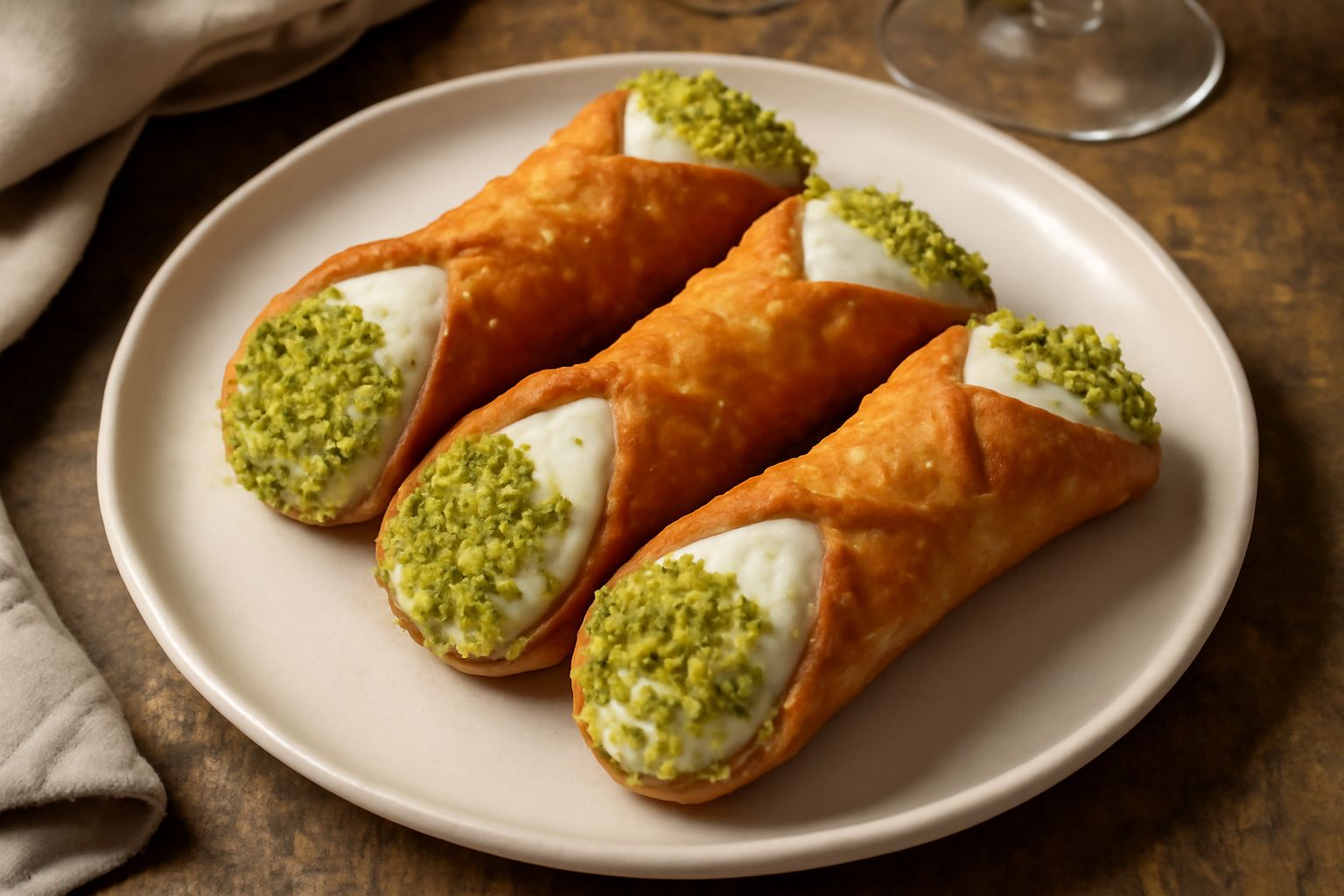 Cannoli siciliani allineati su un piatto bianco, con estremità ricoperte di pistacchio tritato, ripieno di ricotta cremosa visibile all'interno, con gocce di cioccolato, su fondo neutro