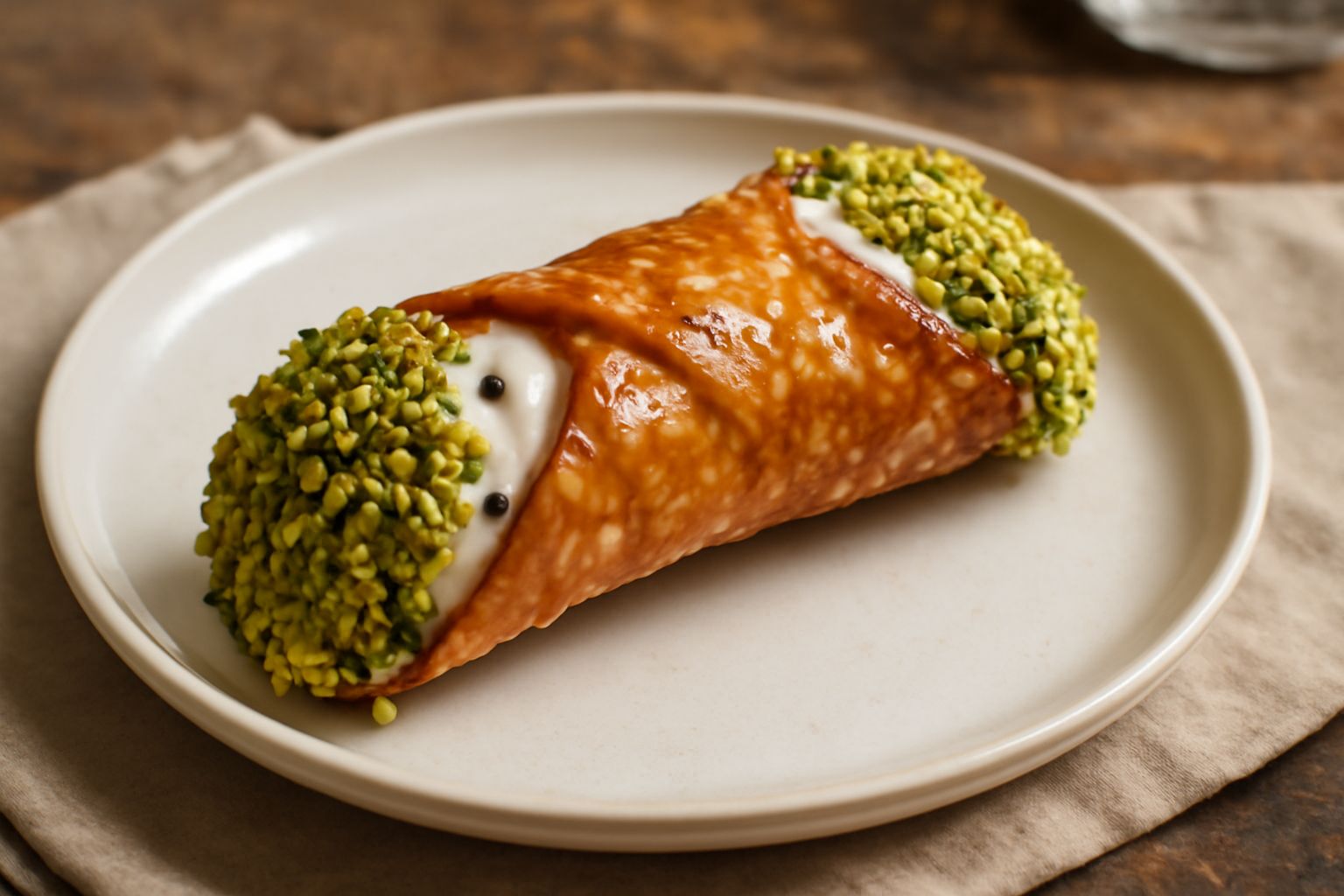 Due cannoli siciliani su piatto bianco con glassa di zucchero e granella di pistacchio verde, riempiti di crema di ricotta chiara, disposti paralleli con punta verso destra