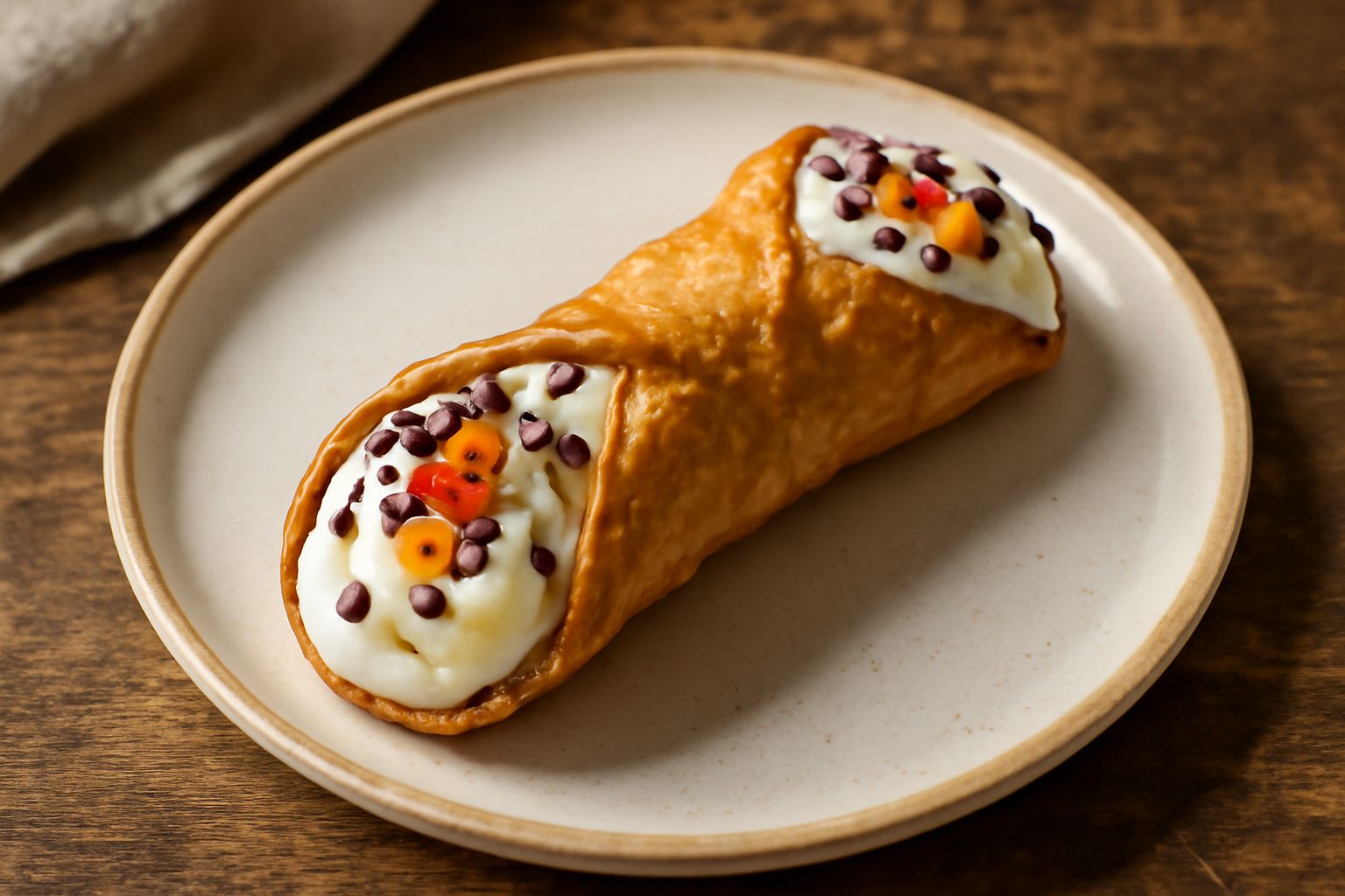 Cannolo siciliano con guscio dorato croccante su piatto bianco, riempito di ricotta bianca con canditi rossi e scaglie di cioccolato scuro alle estremità, fresco di preparazione