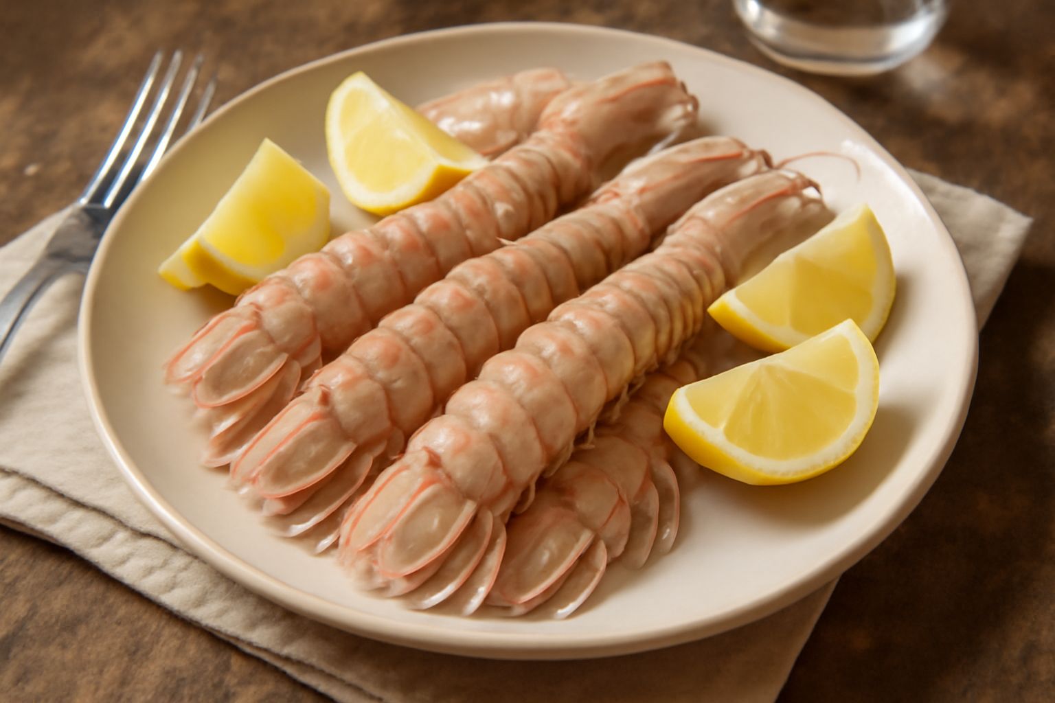 Piatto bianco con canocchie bollite intere disposte a raggiera, corpo rosa pallido e zampe trasparenti, decorato con spicchi di limone giallo e prezzemolo verde fresco