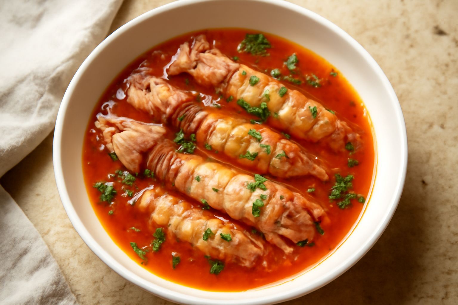 Canocchie cotte in un piatto fondo bianco, immerse in salsa di pomodoro leggera con aglio e prezzemolo fresco, vapore ancora visibile sulla superficie del brodo