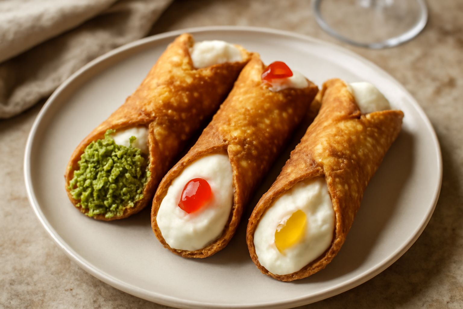 Canoli palermitani disposti su piatto bianco: tubi di pasta fritta dorata e croccante pieni di ricotta bianca, decorati con gocce di cioccolato e pistacchio tritato alle estremità