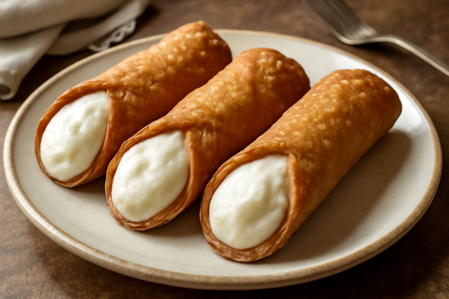 Due canoli siciliani su piatto bianco, tubo di pasta fritta dorata e croccante ripieno di ricotta bianca cremosa, granella di pistacchio verde ai lati, canditi rossi visibili, decorazione minimale, lu