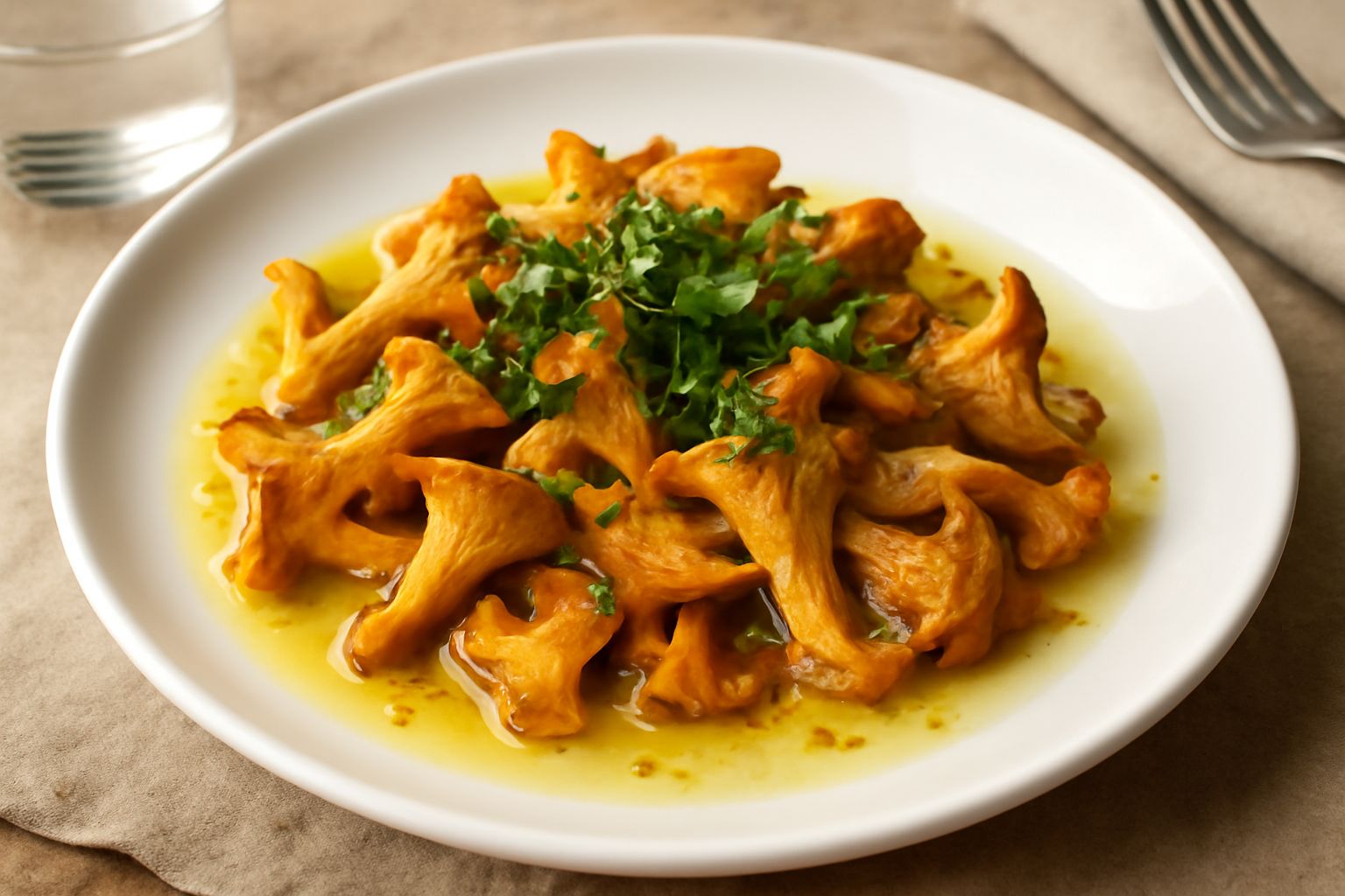 Cantarelli gialli e dorati saltati in padella di ferro, con foglie di prezzemolo fresco verde, spicchi di aglio e gocce di olio, serviti in piatto bianco, con limone affettato ai lati