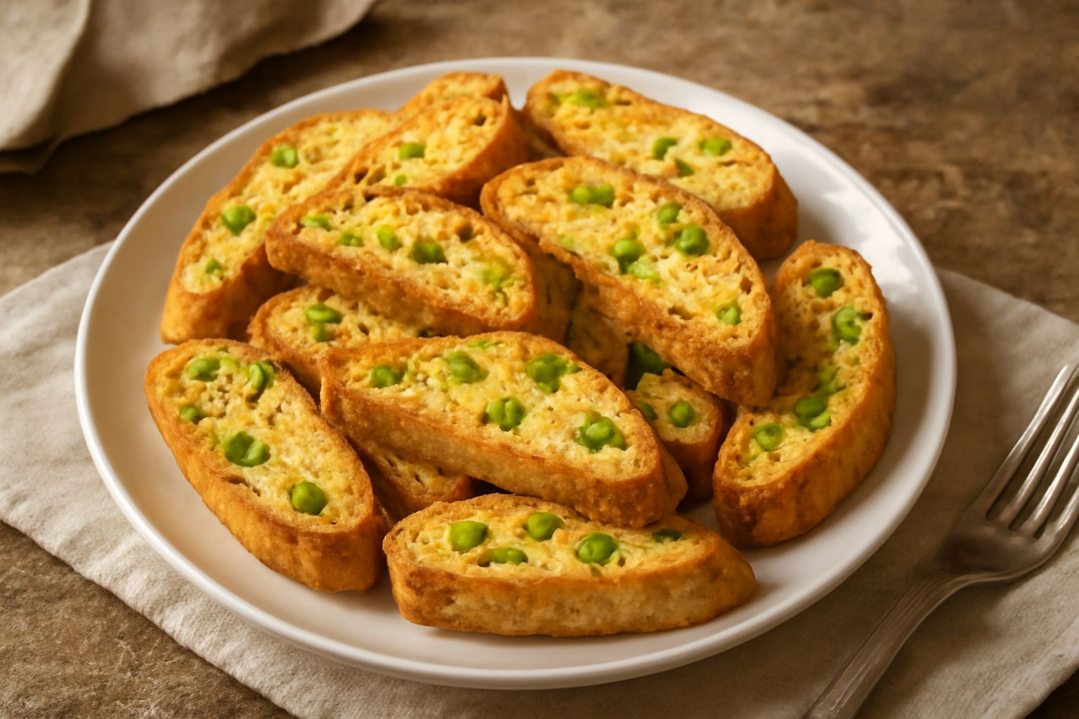 Cantucci ai pistacchio disposti su un piatto bianco, oblunghi e croccanti, sezione trasversale che mostra i granuli verde chiaro di pistacchio in pasta bionda, sfondo bianco con una tazzina di caffè