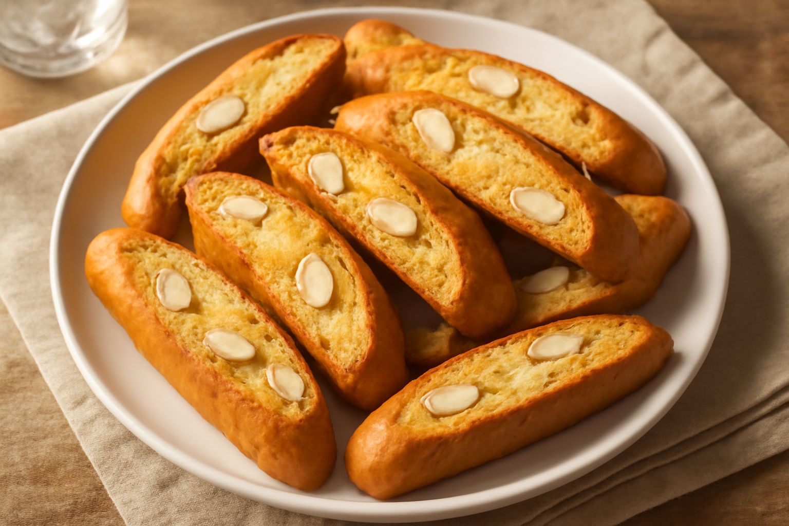Cantucci calabresi color oro disposti su un piatto bianco, tagliati obliquamente con mandorle intere visibili, farina rimasta sulle superfici esterne