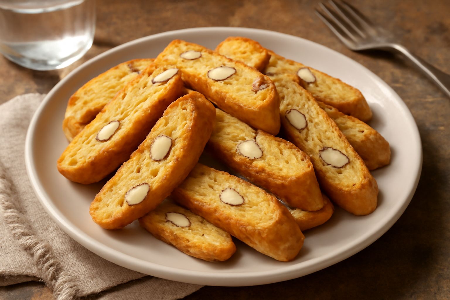 Cantucci liguri disposti su un piatto bianco, biscotti color avena con mandorle visibili, dalla forma allungata e leggermente obliqua, con una texture friabile e compatta, accanto a una tazza di caffè