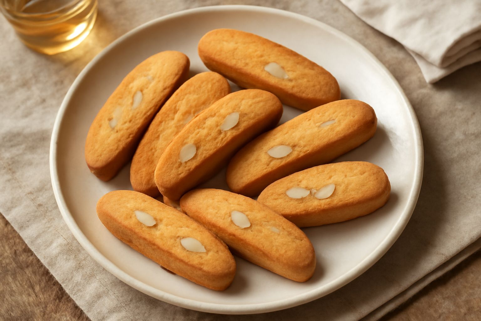 Cantucci marchigiani dorati e oblunghi disposti su una tavola di legno naturale, interi e spezzati, con una tazza di caffè sfocata sullo sfondo