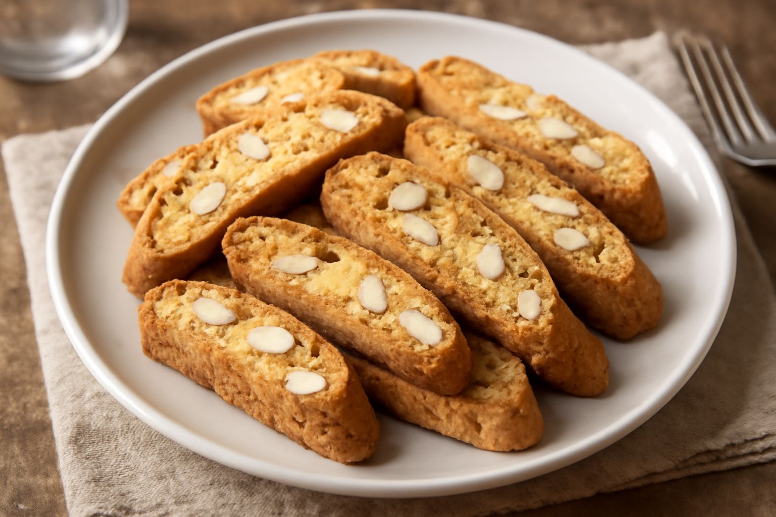 Cantucci piemontesi dorati e croccanti disposti in fila su un piatto di ceramica bianca, con mandorle intere visibili sulla superficie, accanto a una tazza di caffè fumante