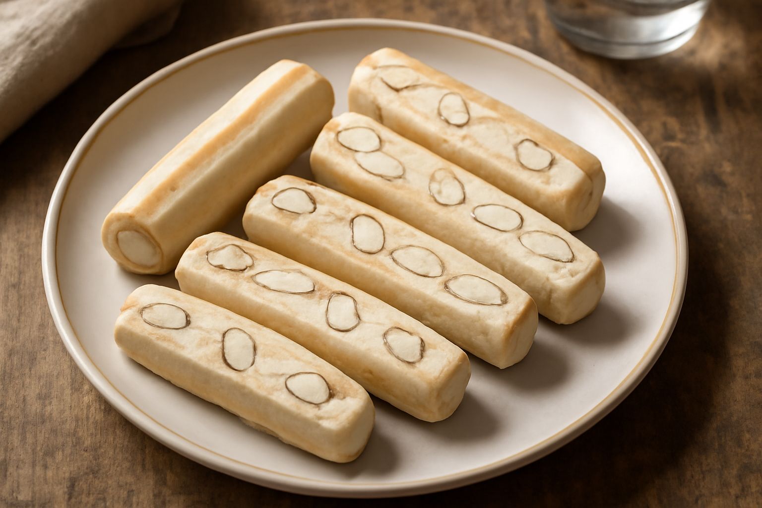 Cantucci pugliesi disposti su un piatto bianco, biscotti allungati color avorio con mandorle intere visibili, croccanti e levigati, accompagnati da tazza di caffè nero su sfondo neutro