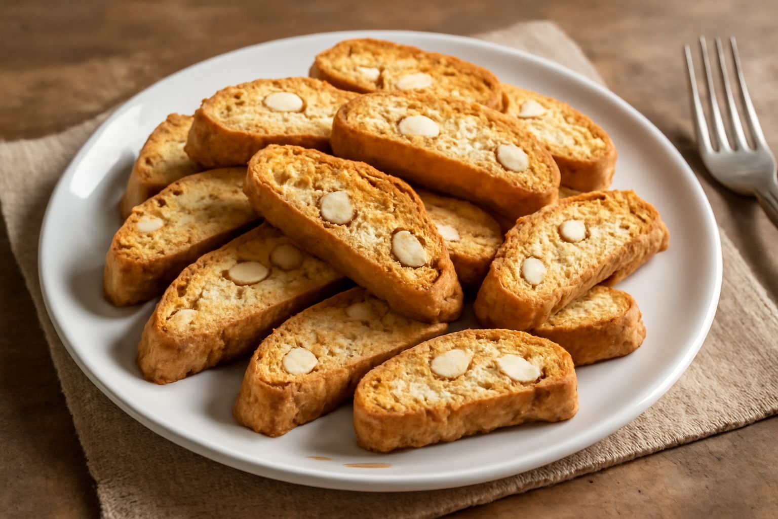 Cantucci sorrentini disposti su una carta bianca, biscotti oblunghi color avorio con mandorle visibili, alcuni spezzati a metà per mostrare la porosità interna