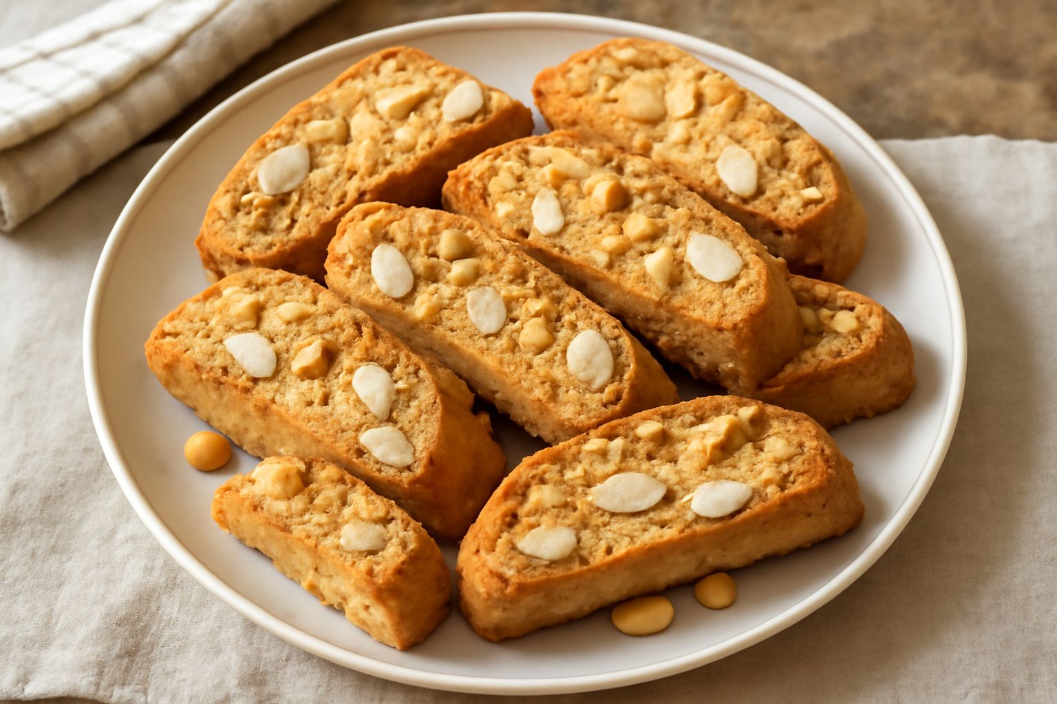 Cantucci viterbesi dorati e croccanti, biscotti oblunghi pieni di mandorle e pinoli, disposti su un piatto bianco con un calice di vino rosso sfocato sullo sfondo