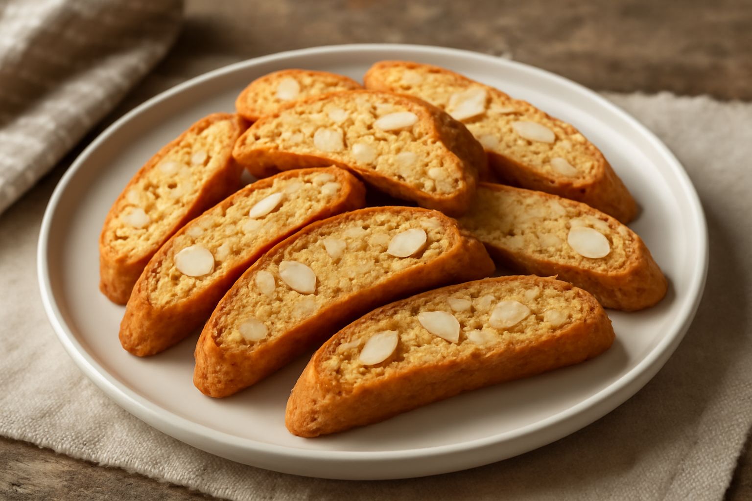 Cantuccini dorati disposti su un piatto bianco, affettati in diagonale, con mandorle intere visibili nella sezione, accanto a un bicchiere di vino rosso dolce