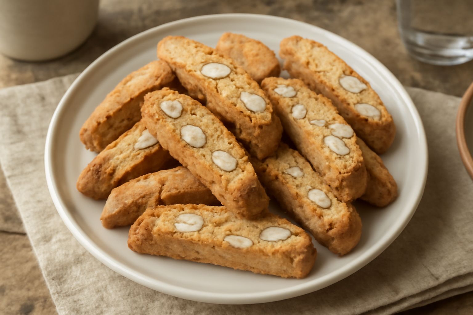 Una decina di cantuccini beige e croccanti disposti in fila su una superficie bianca, con mandorle intere visibili sulla superficie, accanto a una tazza di caffè e un bicchiere di vino dolce