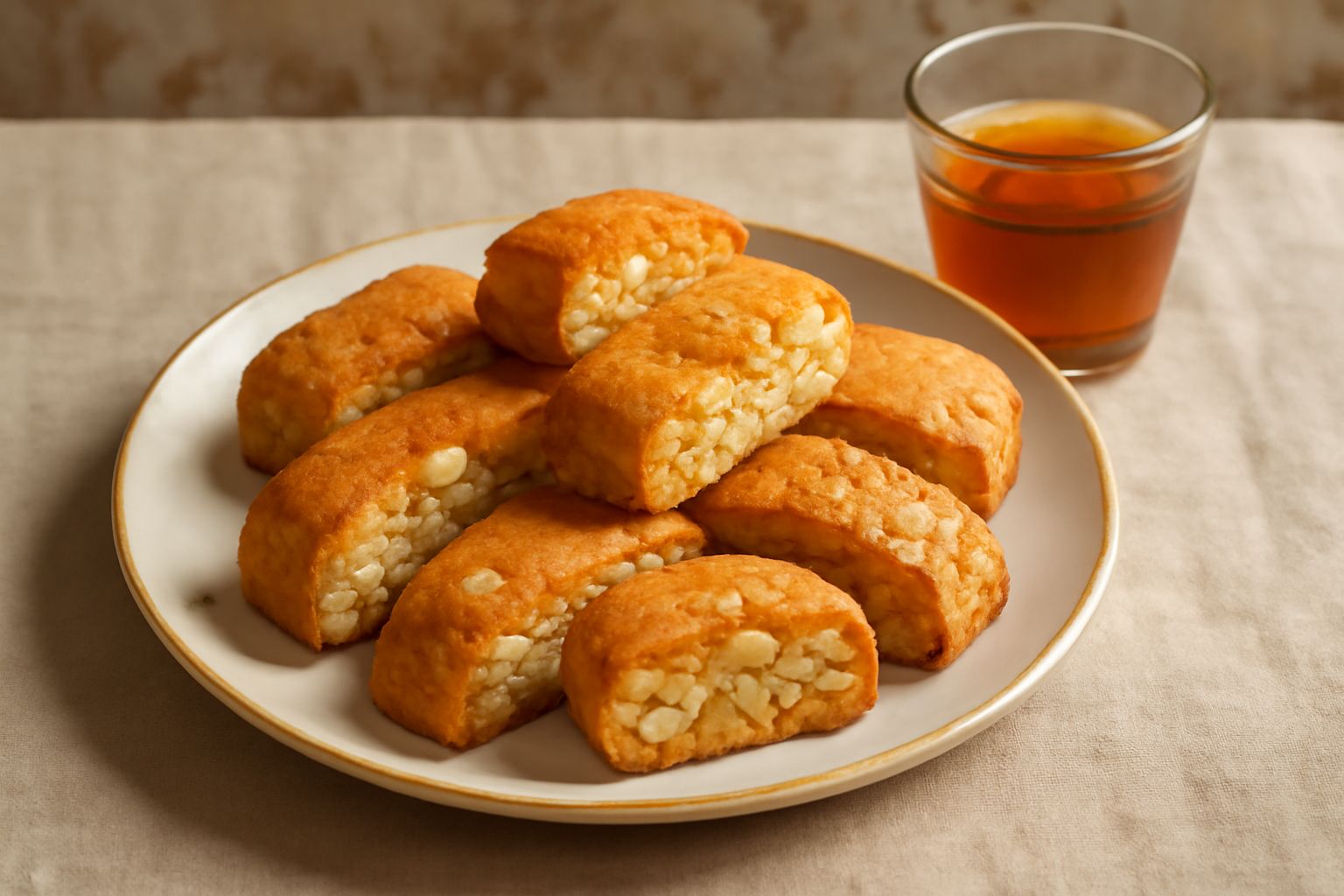 Cantuccini genovesi bicolori disposti su un piatto bianco, con mandorle e pinoli visibili sulla superficie, biscotti affettati in modo trasversale che mostrano la consistenza croccante