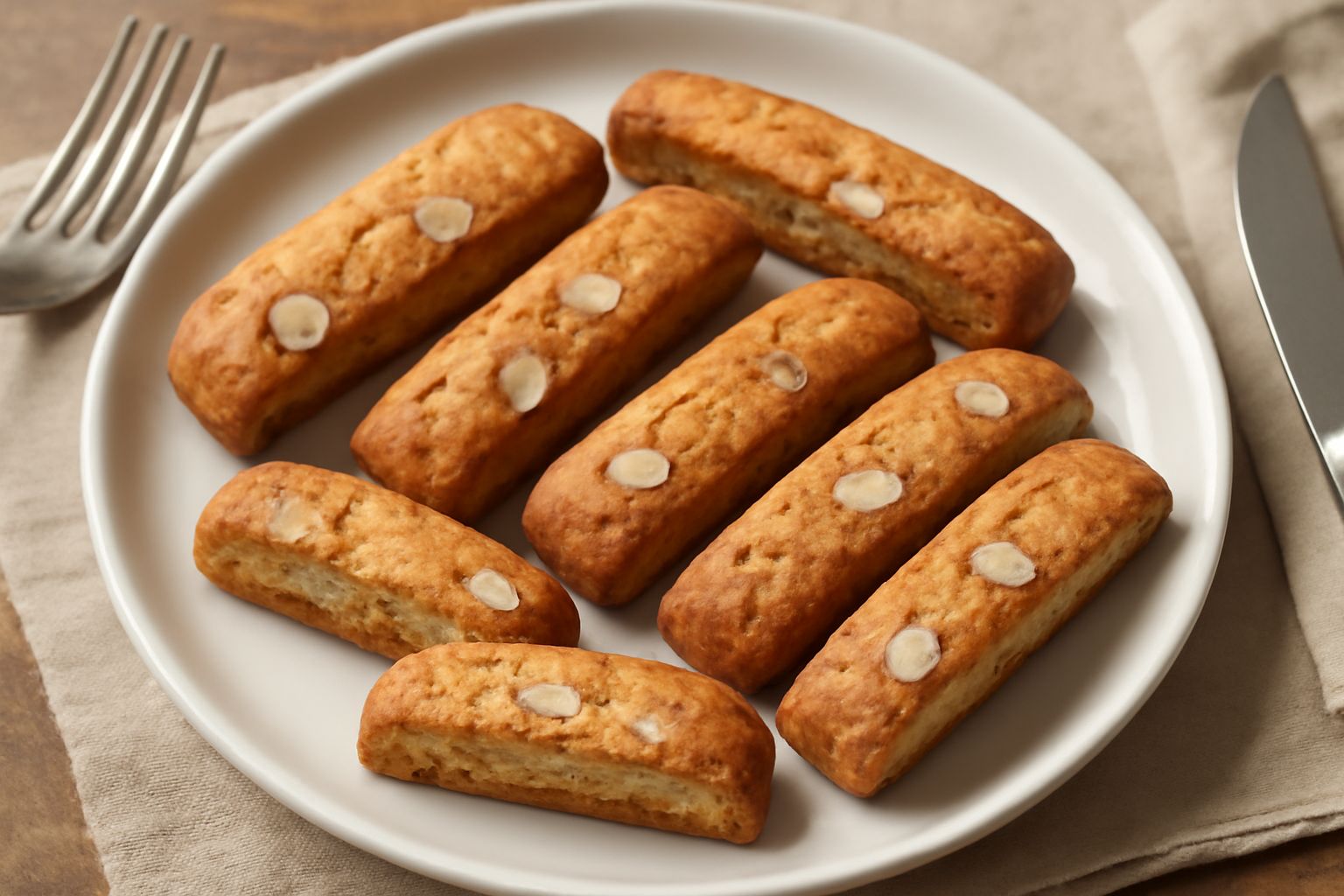 Cantuccini modenesi dorati e croccanti disposti su un piatto bianco, con mandorle intere visibili sulla superficie, accanto a una tazza di caffè nero