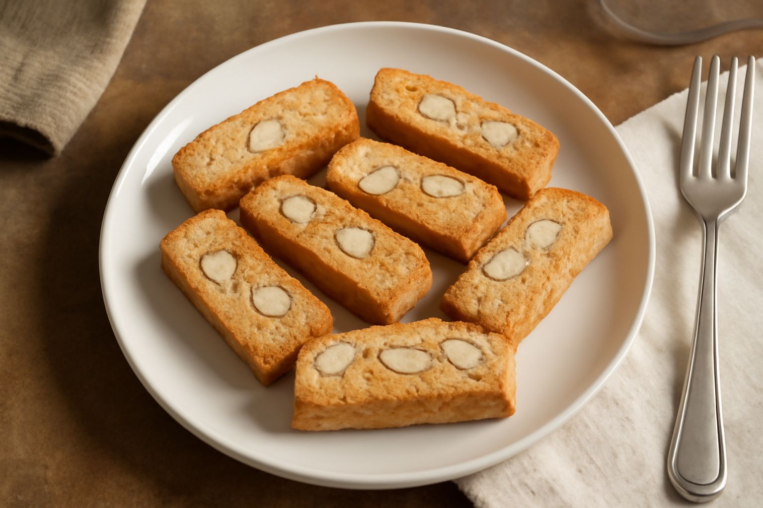 Cantuccini piemontesi disposti in fila su un piatto bianco, color biondo dorato, con mandorle intere visibili, superficie irregolare e leggermente spezzati a metà, accanto a una tazza di caffè scuro