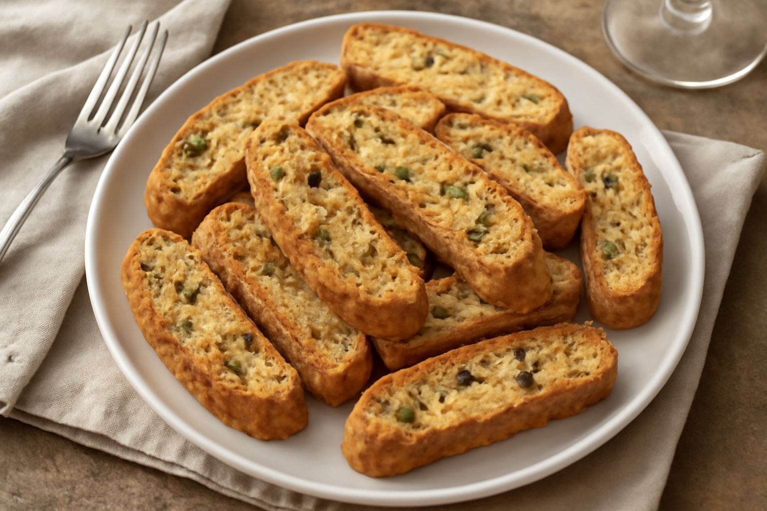 Cantuccini salati croccanti disposti su una tavola di legno, con mandorle intere visibili, accanto a un bicchiere di vino bianco