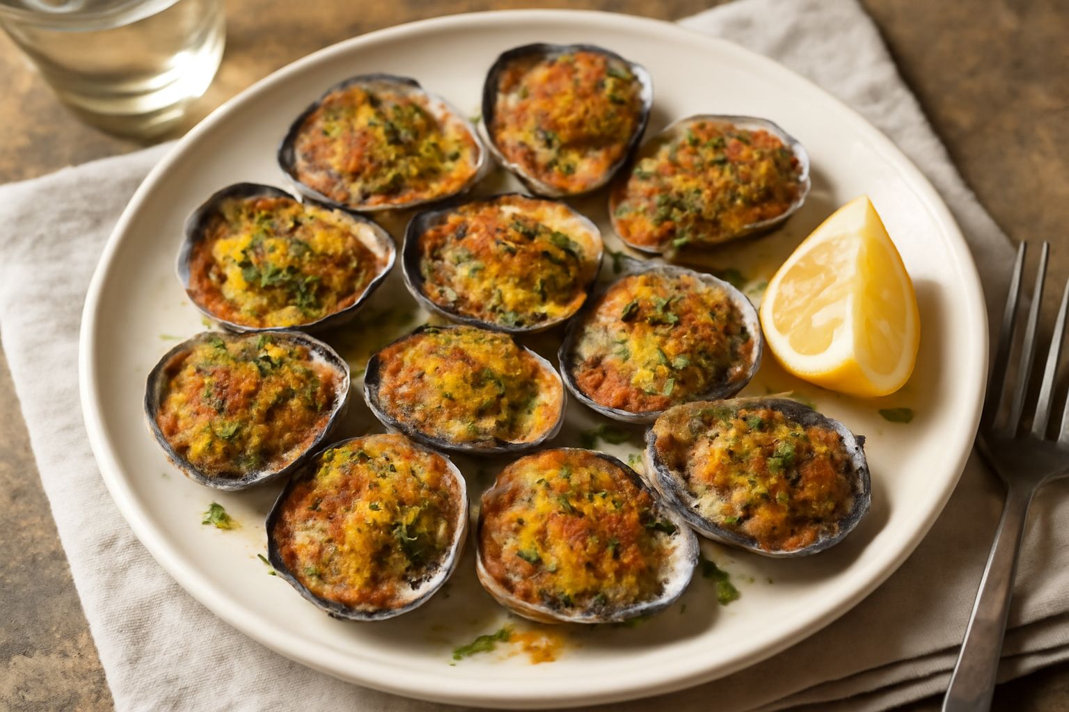 Caparossoli ripieni adagiati in una teglia da forno con pangrattato dorato in superficie, prezzemolo fresco verde e limone affettato intorno ai gusci aperti