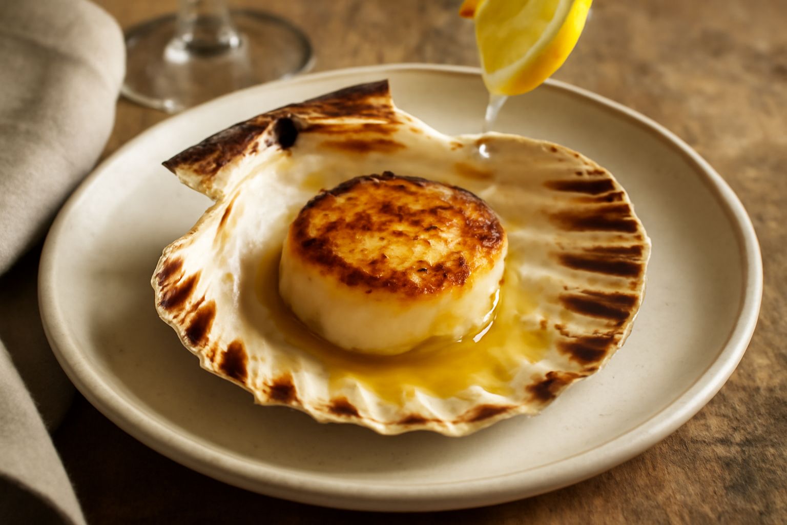 Capasante dorate e luccicanti sulla piastra calda, con orli leggermente caramellati, gocce d'olio e limone fresco tritato in superficie, contorno di rucola in bianco.