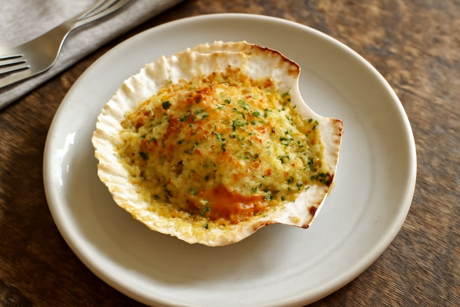Capasante gratinate dorate in una teglia, con pangrattato croccante, gocce di olio e fettine di limone fresco accanto